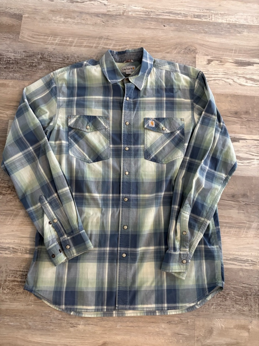 Carhartt Men's Blue & Light Green Plaid Button-Down Work Shirt